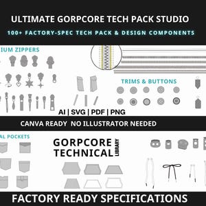 Op de afbeelding: Een afbeelding die de designresource "ULTIMATE GORPCORE TECH PACK STUDIO" toont. Het bevat illustraties van ritsen, afwerkingen, knopen en technische zakken. De tekst omvat "100+ FACTORY-SPEC TECH PACK & DESIGN COMPONENTS" en bestandstypen: AI, SVG, PDF, PNG.