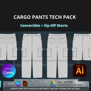 May include: A tech pack graphic featuring cargo pants and zip-off shorts in a light gray color. The design includes front and back views, showcasing pockets and details. Text includes "CARGO PANTS TECH PACK" and "Convertible + Zip-Off Shorts."