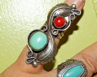 Pawn Navajo Ring. Persian Turquoise. Coral. Sterling Silver. c1960. Free World Ship.