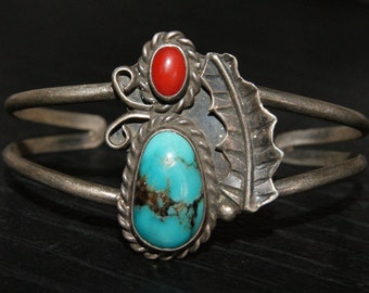 SALE Pawn Blossom Cuff. Navajo. Turquoise. Coral. Sterling c1950, Free World Ship.