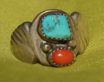 SALE - Navajo Ring. Size 11. Turquoise. Coral. Sterling Silver. c1945. Free Worldwide Ship