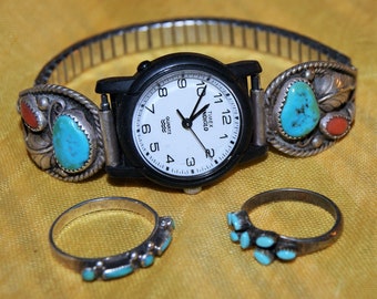 Lot Navajo Watch Ends. Zuni Rings. Turquoise. Sterling Silver. c1965. Free World Ship.