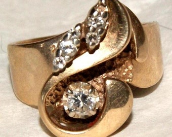 Gold Diamond Ring. 14K. Custom. Estate. c1960. Free World Ship.
