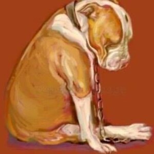 May include: A brown and white bulldog with a chain collar sits on a red background. The dog is looking down and has a sad expression.