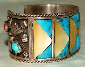 Navajo Cuff. Turquoise. Coral. Gold Lip Shell. Sterling Silver. c1960. Free World Shipping