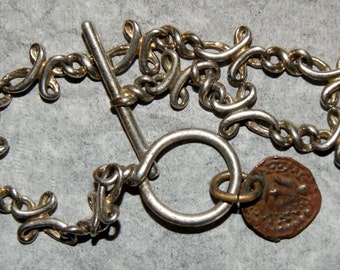 Taxco Pawn Bracelet. Sterling Silver And Rare Roman Judean Coin. c1940. Free World Ship.