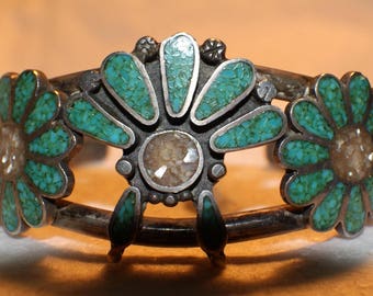 Pawn Navajo Cuff. Turquoise. Quartz. Sterling Silver  c1950   Free World Ship.