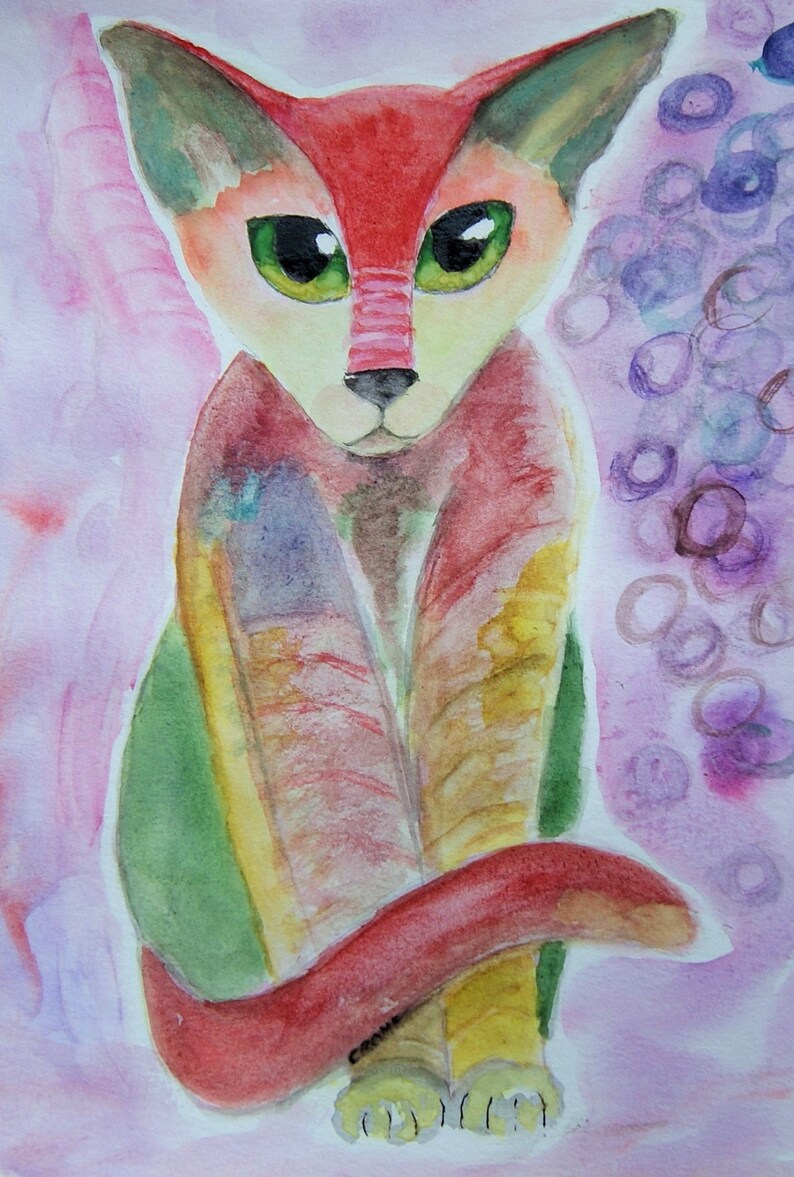 May include: Watercolor painting of a red, green, and yellow cat sitting on a pink background with purple circles.