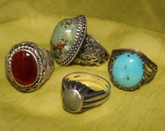 SALE - Lot 4 Rings. Turquoise. Glass. Silver. c1970 - 90.   Free World Shipping