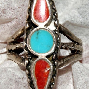 Zuni Spearhead Ring. Turquoise. Coral. Sterling Silver c1960 Free World Ship image 6