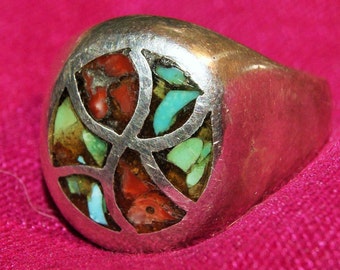 Navajo Ring Turquoise Coral Sterling Silver Size 10. Free World Ship.
