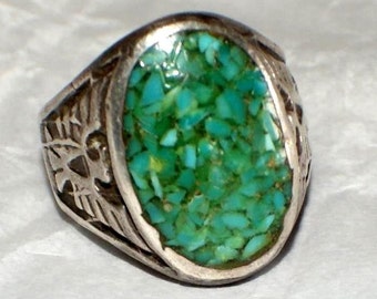 Old Pawn Navajo Ring. Turquoise Chip Inlay. Thunderbirds. Sterling Silver. 1950.  Free World Ship