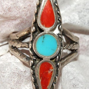 Zuni Spearhead Ring. Turquoise. Coral. Sterling Silver c1960 Free World Ship image 4