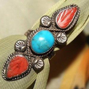 Squash Blossom Ring. Carved Coral. Turquoise. Sterling Silver. c1948,  Free World Ship.