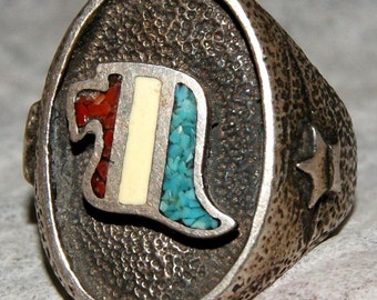 SALE - Early Navajo Ring. Tufa Cast Sterling Silver. Turquoise. Coral. Enamel. c1950. Free World Ship.