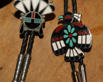 Pair of Enamel Kachina Bolo Ties. Route 66. c1960  Free World Ship