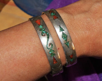 Two Navajo Cuffs. Inlay Chip Turquoise Coral. c1970. Free World Ship.