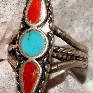 Zuni Spearhead Ring. Turquoise. Coral. Sterling Silver c1960 Free World Ship image 2