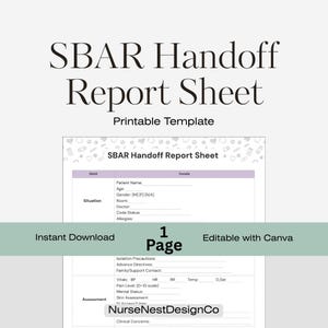 Puede incluir: Una plantilla imprimible de la hoja de informe de transferencia SBAR. El documento incluye secciones para la información del paciente, los detalles de la situación, la evaluación y las preocupaciones clínicas. Descarga instantánea y editable con Canva.