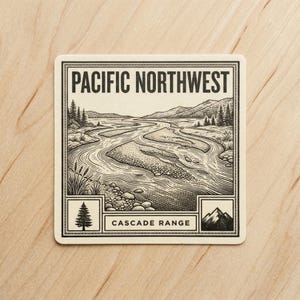 Sticker trapsgewijs bereik | PNW gevlochten rivier vintage vinyl sticker | Vierkante sticker Pacific Northwest