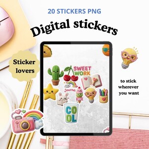 May include: A digital sticker set with various designs, including a cactus, cherries, a star, a bunny, and an ice cream cone. The text "Digital stickers" and "20 STICKERS PNG" are displayed. Additional text includes "Sticker lovers" and "to stick wherever you want."