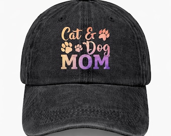 Washed Denim Cat Dog Mom Hat, Pet Lover Cap, Paw Print Adjustable Fit