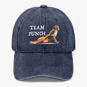 May include: A denim baseball cap with the words "TEAM PUNCH" in white block letters. The cap features a cartoon illustration of two monkeys, one pulling the other. The cap is a dark blue color.