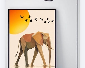 Elephant River Walk Wall Art Print | Modern Abstract Animal Decor | Printable Digital Download