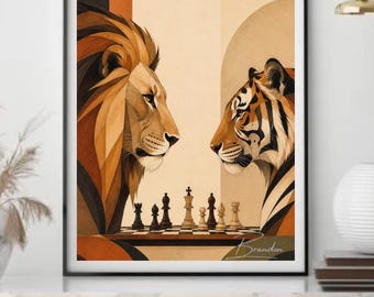 Tiger Lion Chess Wall Art Print | Modern Abstract Animal Decor | Printable Digital Download