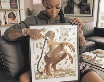Black Woman Art Print, Melanin Queen Wall Decor, Boss Lady Artwork, Money Art, Luxury Lifestyle Fashion Illustration, Long Braid Glam Decor