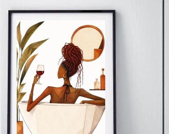 Bathroom Art Print, African American Woman Wine Art, Modern Boho Style Printable Digital Download