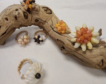 Tahitian Pupu, Cockle, Cowrie Shell Raffia Rings by Lauhala Trading
