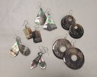 Tahitian Black Lip Mother of Pearl Laser Carved Earrings by Lauhala Trading