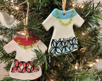 Hawaii Ceramic Mu'uMu'u Dress and Aloha Shirts Christmas Ornaments by Lauhala Trading