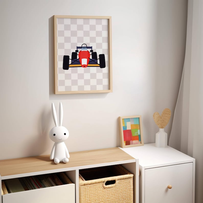 Personalised Race Car Nursery Wall Art Set of 10, Boys Bedroom Prints
