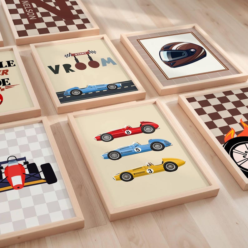 Personalised Race Car Nursery Wall Art Set of 10, Boys Bedroom Prints
