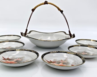 Vintage Nippon Tokusei Porcelain Serving Basket with 6 Hand Painted Plates, Signed Japanese Mid Century Dessert Set, Maple Leaf Decor