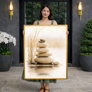 Puede incluir: Una obra de arte enmarcada que presenta una pila de piedras lisas de color beige equilibradas sobre una superficie reflectante, con hierba alta y un fondo suave. La obra de arte está en un marco dorado, creando una estética serena y natural.