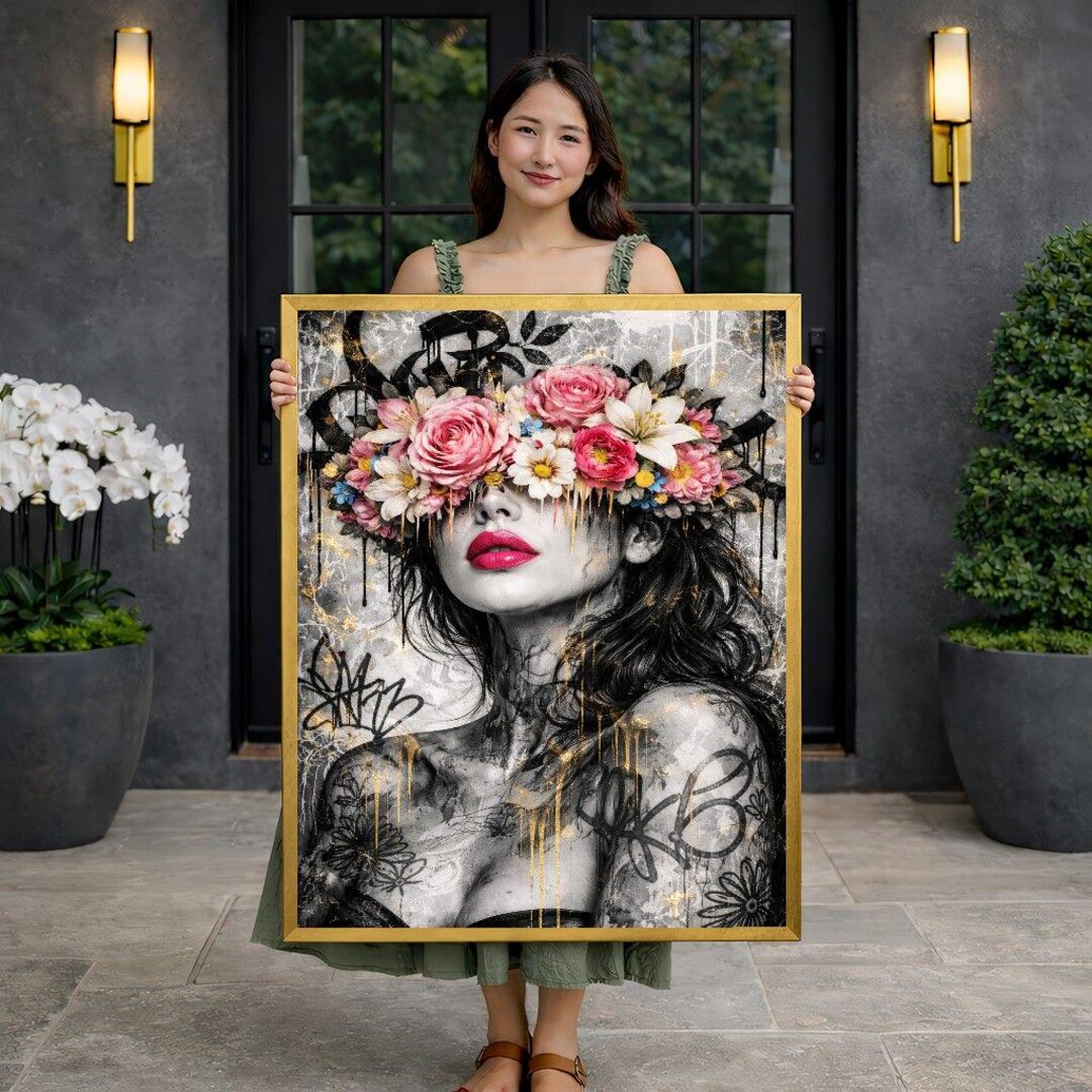 Floral Crown Woman Canvas Wall Art, Portrait Art - Etsy