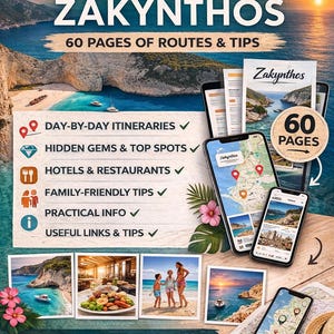 Op de afbeelding: Digitale reisgids voor Zakynthos, met 60 pagina's routes en tips. De afbeelding toont smartphones met kaarten en foto's, samen met een kaart, zonnebril en een strohoed. De gids biedt dag-tot-dag routes, verborgen juweeltjes, hotels, restaurants en gezinsvriendelijke tips.