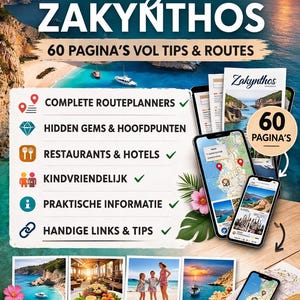 Op de afbeelding: Digitale reisgids voor Zakynthos, met een strand als achtergrond. De gids bevat complete routeplanners, verborgen parels, restaurants, hotels en praktische informatie. Bevat afbeeldingen van kaarten, stranden en een downloadoptie.