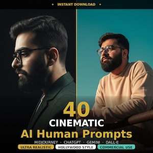 Puede incluir: Imagen dividida que muestra a un hombre con gafas y barba. El lado izquierdo muestra su perfil sobre un fondo oscuro, el lado derecho lo muestra mirando hacia arriba sobre un fondo turquesa. Texto: "40 CINEMATIC AI Human Prompts".