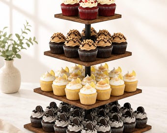 Wooden 4 Tier Cupcake Stand for 50 Cupcakes, Rustic Cupcake Tower, Tiered Dessert Stand for Weddings, Birthdays & Special Events