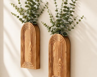 Wooden Wall Vase Set of 2, Boho Wall Planters, Wall Mounted Wooden Flower Vase, Farmhouse Living Room Decor & Wall Planter for Indoor Plants