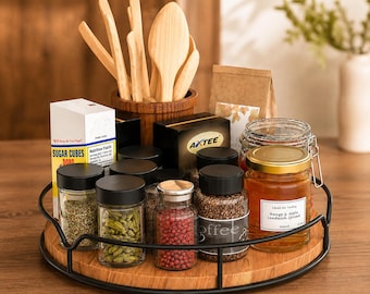 Wooden Lazy Susan Turntable With Black Metal Rail | Rustic Pine Wood Rotating Spice Tray | Kitchen Countertop Decor | 360 Rotating Tray