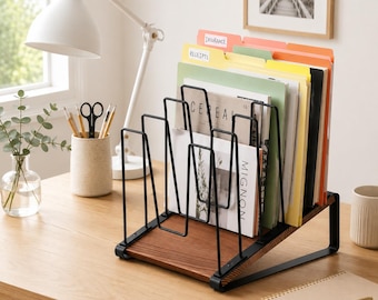 Desk File Organizer, Wooden Desktop File Holder, 5 Section File Organizer, Inclined Mail Organizer with Metal Frame and Wooden Base