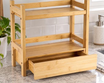 Bamboo Countertop Organizer with Drawer, 2 Tier Kitchen Counter Shelf, Coffee Bar Organizer, Matcha Station, Spice & Snack Storage