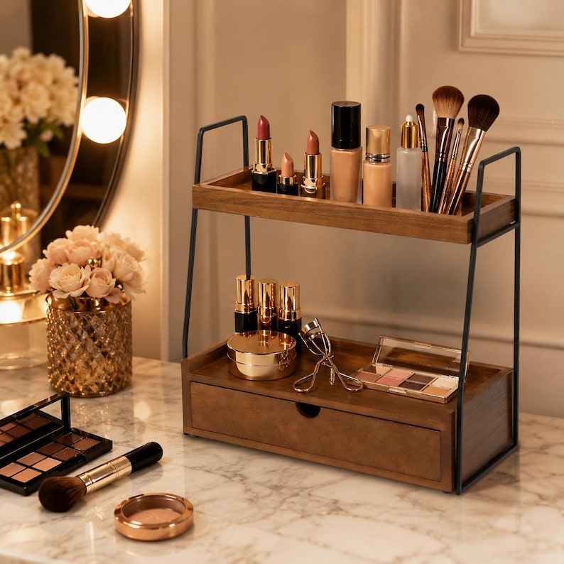 May include: A two-tier wooden makeup organizer with a black metal frame. The top shelf holds lipsticks, foundation bottles, and makeup brushes. The bottom shelf features a drawer, a gold compact, an eyelash curler, and an eyeshadow palette.