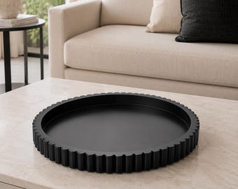 12 Inch Black Scalloped Round Serving Tray | Modern Tray For Coffee Table | Fluted Decor Tray | Modern Home Gift | Living Room Decor
