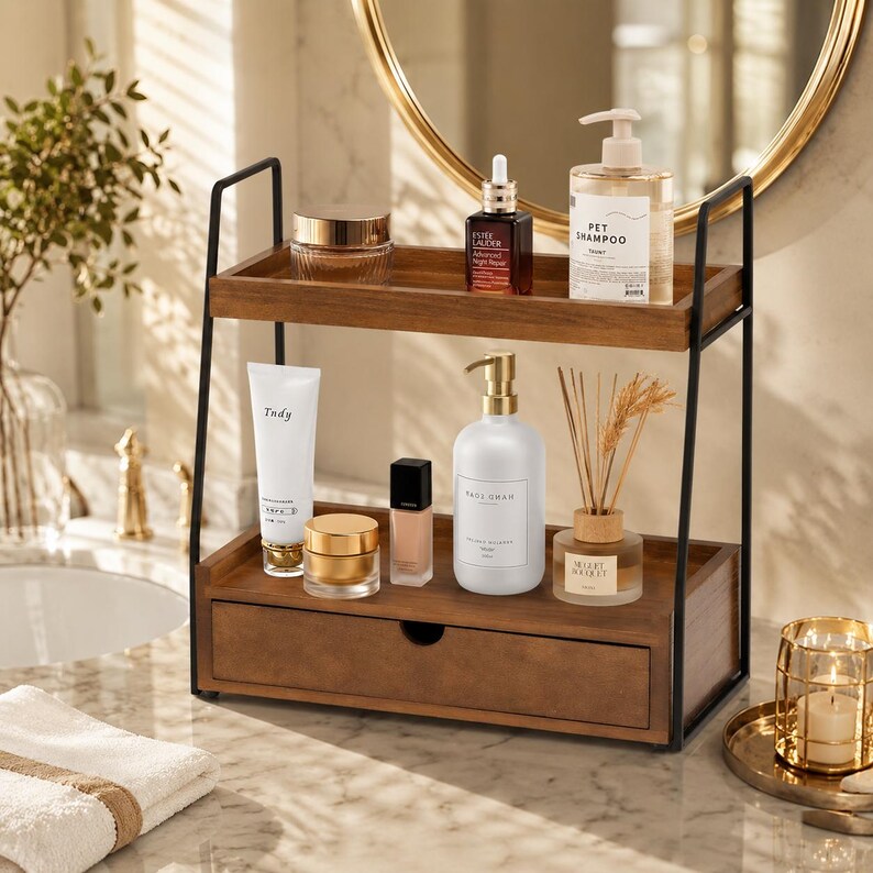 May include: A two-tier wooden bathroom organizer with a black metal frame and a bottom drawer. The top shelf holds a small jar, a brown glass dropper bottle, and a clear pump bottle. The bottom shelf holds a white tube, a gold jar, a bottle, and a reed diffuser.